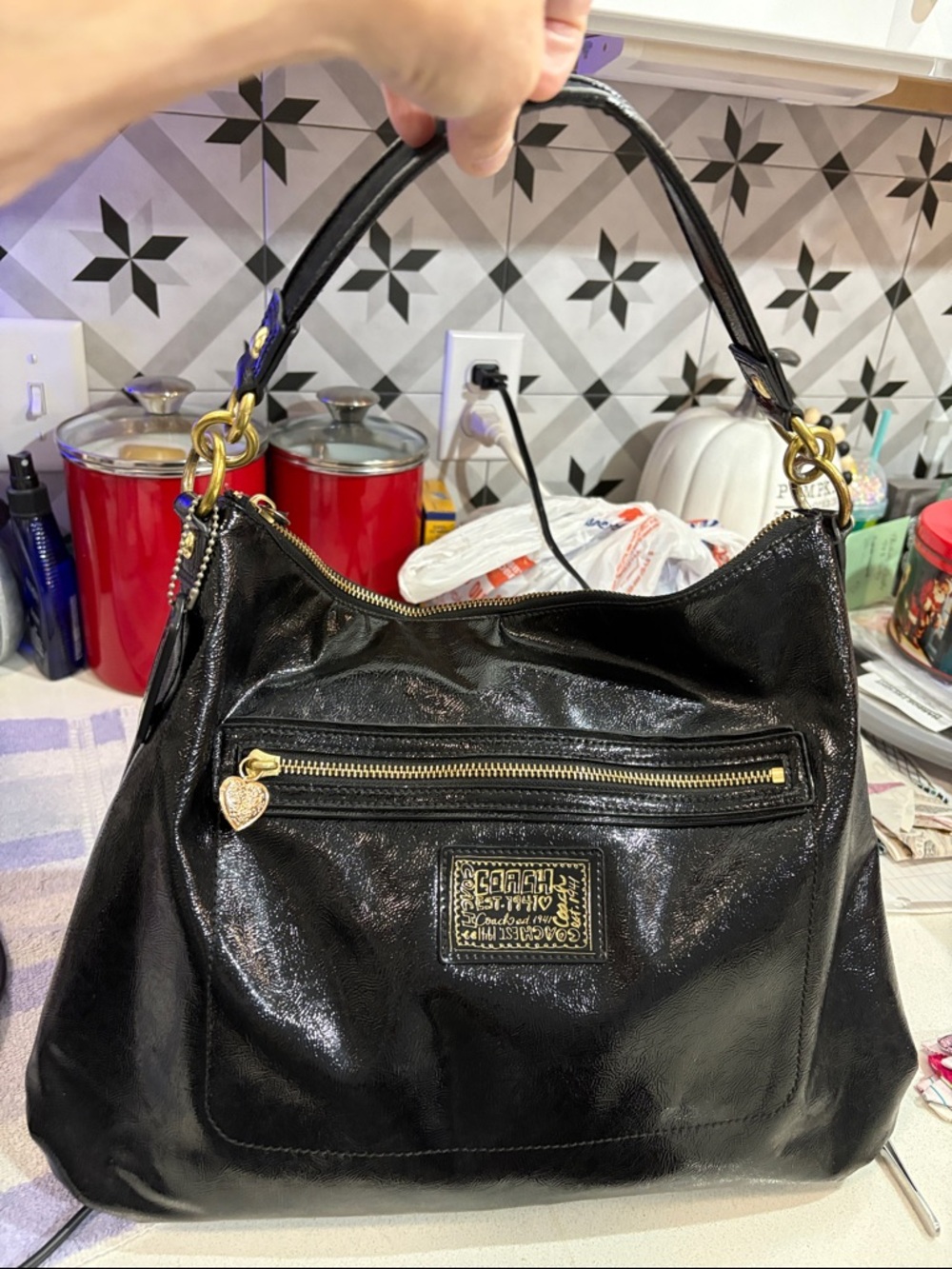 Coach Poppy Black Patent Shoulder Hobo with Gold Accents pristine condition